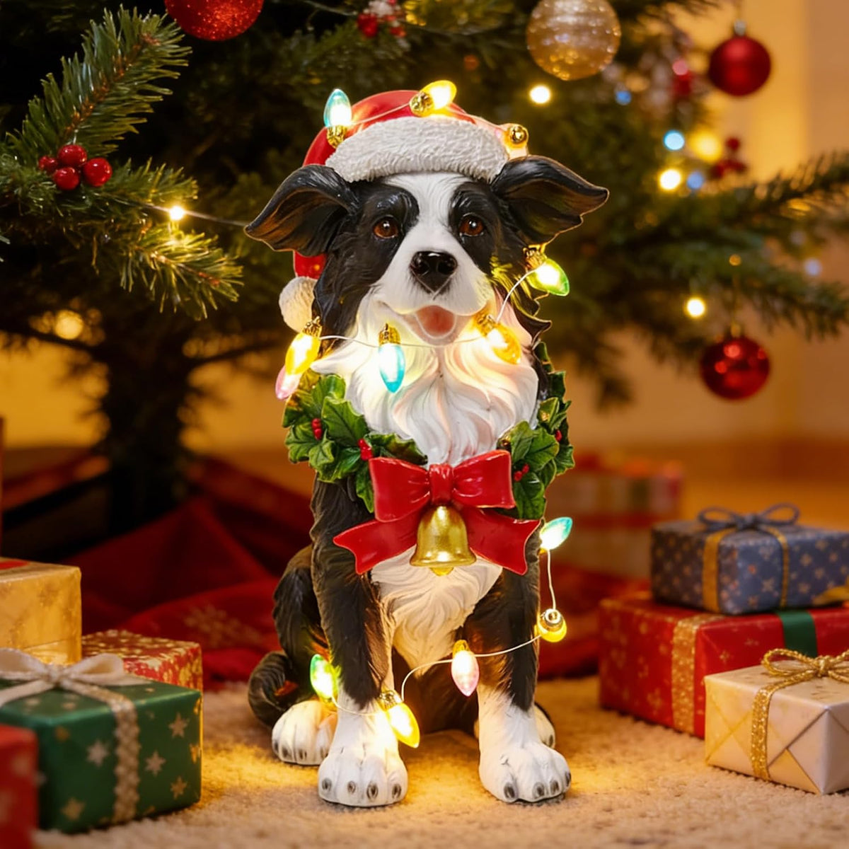 Festive Border Collie Sculpture with Santa Hat - Christmas Decor for Mantels and Tabletops - Ideal Gift for Border Collie Enthusiasts