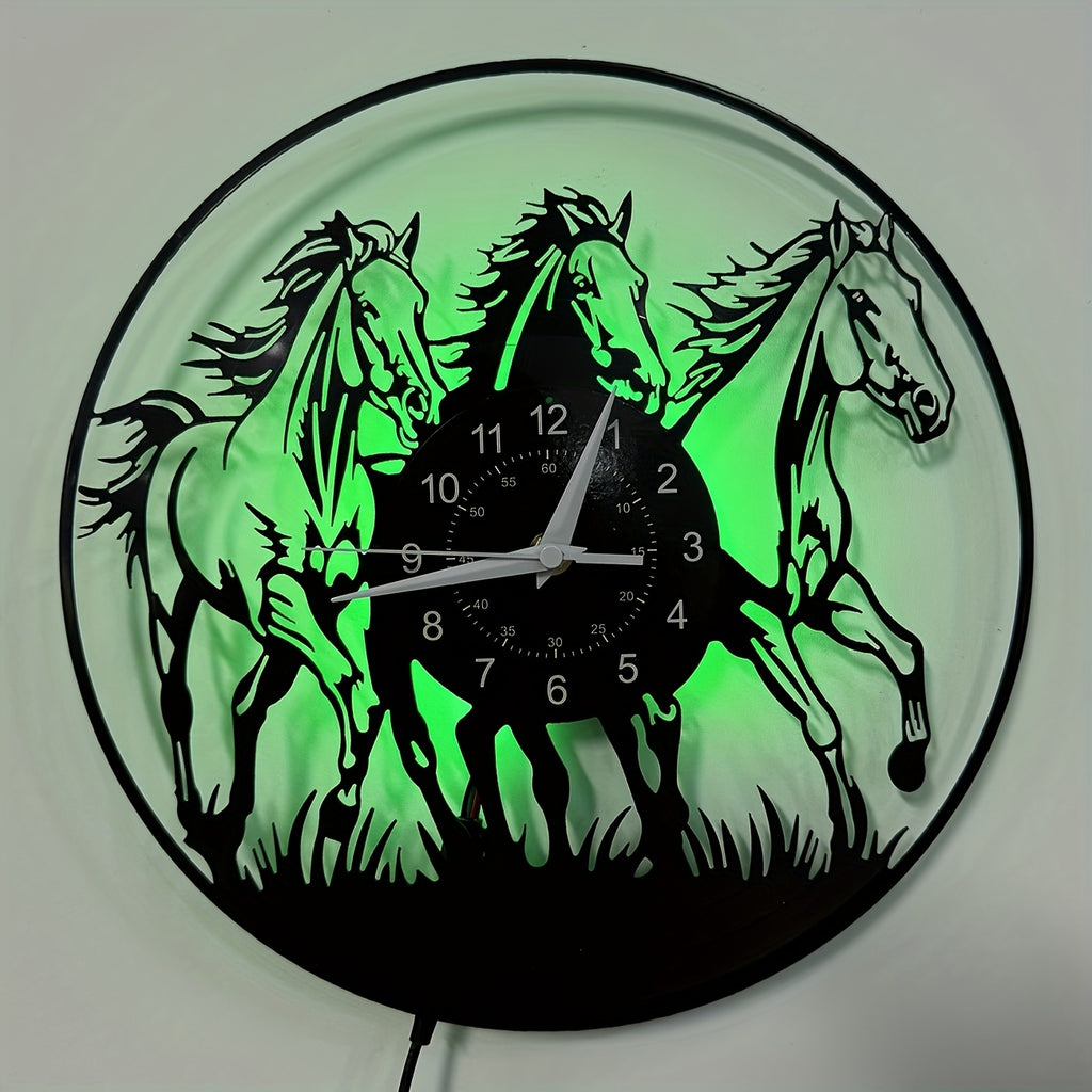 [Unique Vinyl LED Clock] Unique Luminous Vinyl LED Wall Clock | Handmade Running Horse Design Home Wall Art Decor for Living Room, Bedroom, Office, Garage, Kitchen | Original Gift for Birthday, Mothers Day, Spring Season, Gra