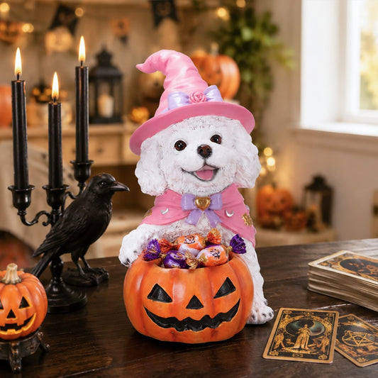 Halloween White Teddy Puppy Figurine - Witch Dog with Pumpkin Candy Bowl Decoration