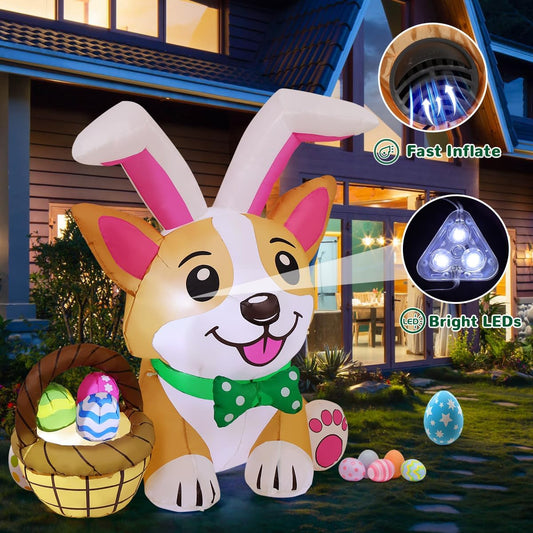 4.5 FT Easter Inflatable Dog Outdoor Decoration with Bunny Hat and Colorful Eggs, LED Lights for Garden and Indoor Use