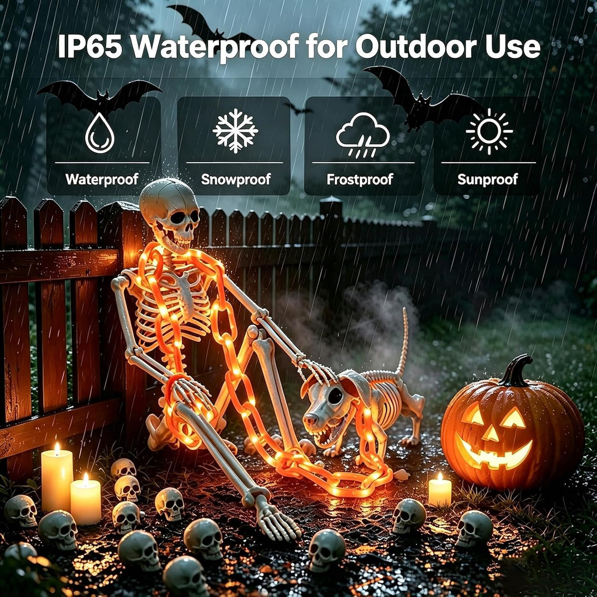 3-Foot Skeleton and Dog Skeleton with Illuminated Chain, Outdoor Halloween Decor