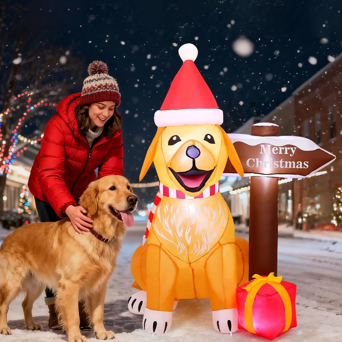 5 FT Inflatable Golden Retriever Christmas Decoration with LED Street Sign for Outdoor and Indoor Holiday Decor