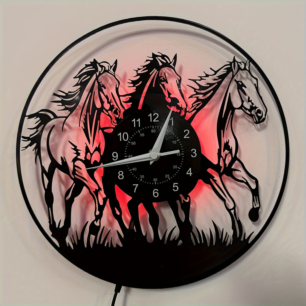 [Unique Vinyl LED Clock] Unique Luminous Vinyl LED Wall Clock | Handmade Running Horse Design Home Wall Art Decor for Living Room, Bedroom, Office, Garage, Kitchen | Original Gift for Birthday, Mothers Day, Spring Season, Gra